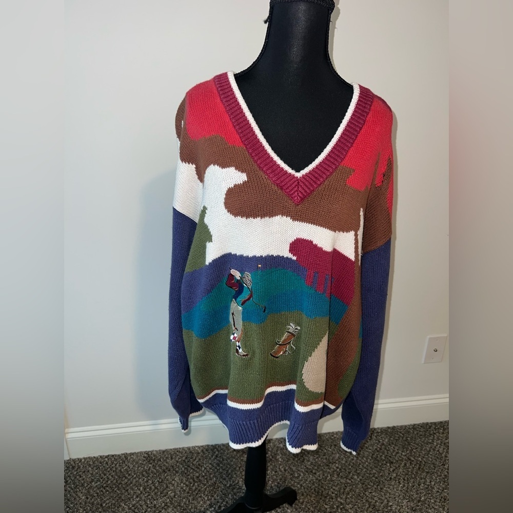 Vintage Par Four Colorful V-Neck Sweater with Unique Design Large